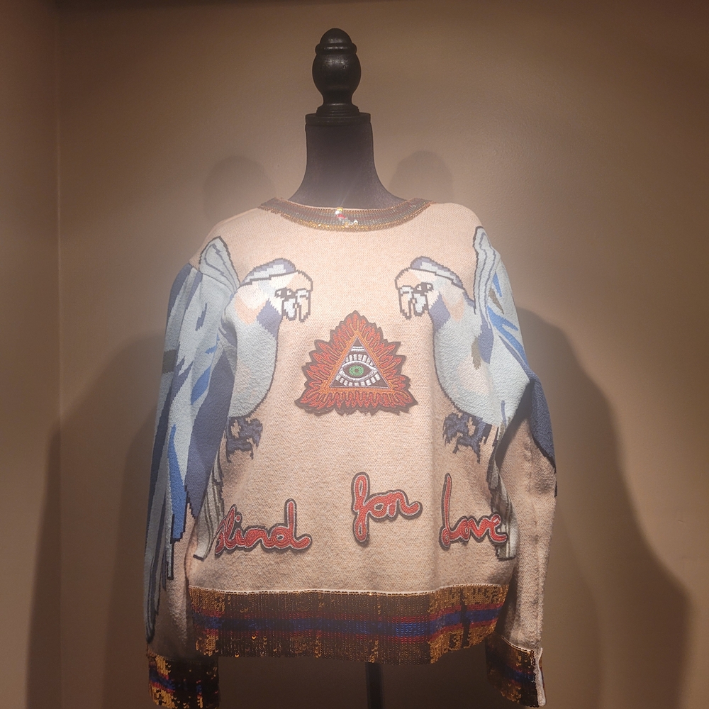 Fashion Sequence Sweater with Bird Design, Zip Back 35% Wool